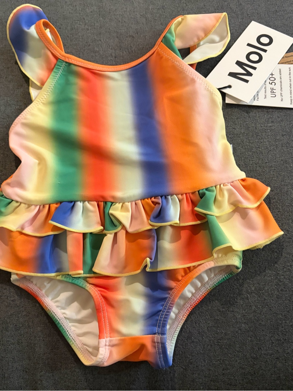 Molo Rainbow Stripe Ruffle One-Piece Swimsuit - Orange, Green, Blue, Pink